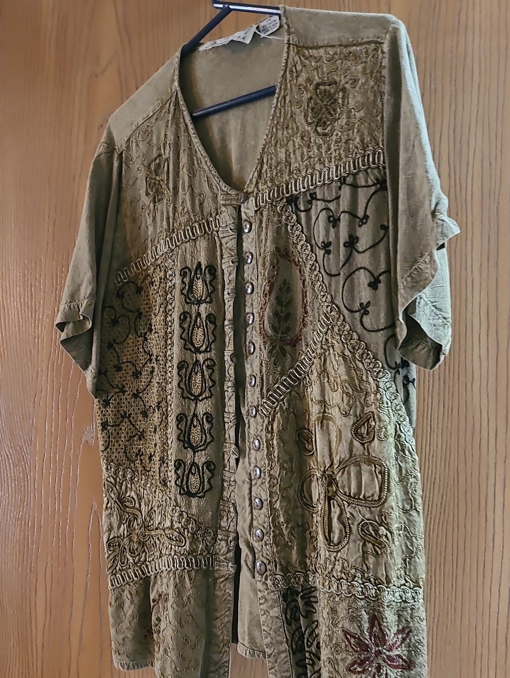 Embroidered Olive Green Button-Front Women's Top